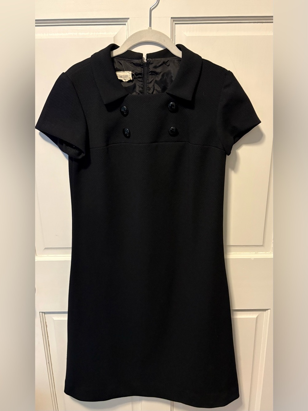 1960s vintage John Norman inc black poly knit collared shift women dress s small